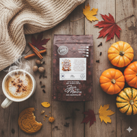 Thumbnail for Flat lay of Spice to Meet You Pumpkin Spice Coffee bag with steaming mug, pumpkins, cookie, spices, and cozy fall sweater.
