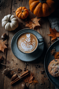 Thumbnail for A cup of Spice to Meet You 🧡 pumpkin spice flavored coffee with cinnamon, clove & nutmeg sits on a saucer amid pumpkins, autumn leaves, cinnamon sticks, and a cookie atop a rustic wooden table.