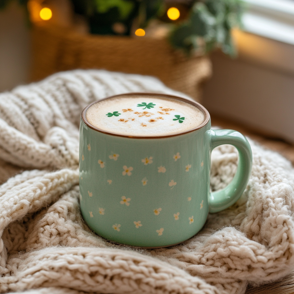 A cozy green mug filled with a frothy Java O'Momma coffee drink sits nestled in a soft, cream-colored knitted blanket. The coffee is topped with cinnamon and decorated with three green shamrocks, giving it a festive St. Patrick's Day vibe. In the softly blurred background, warm fairy lights and greenery add to the cozy, inviting atmosphere.