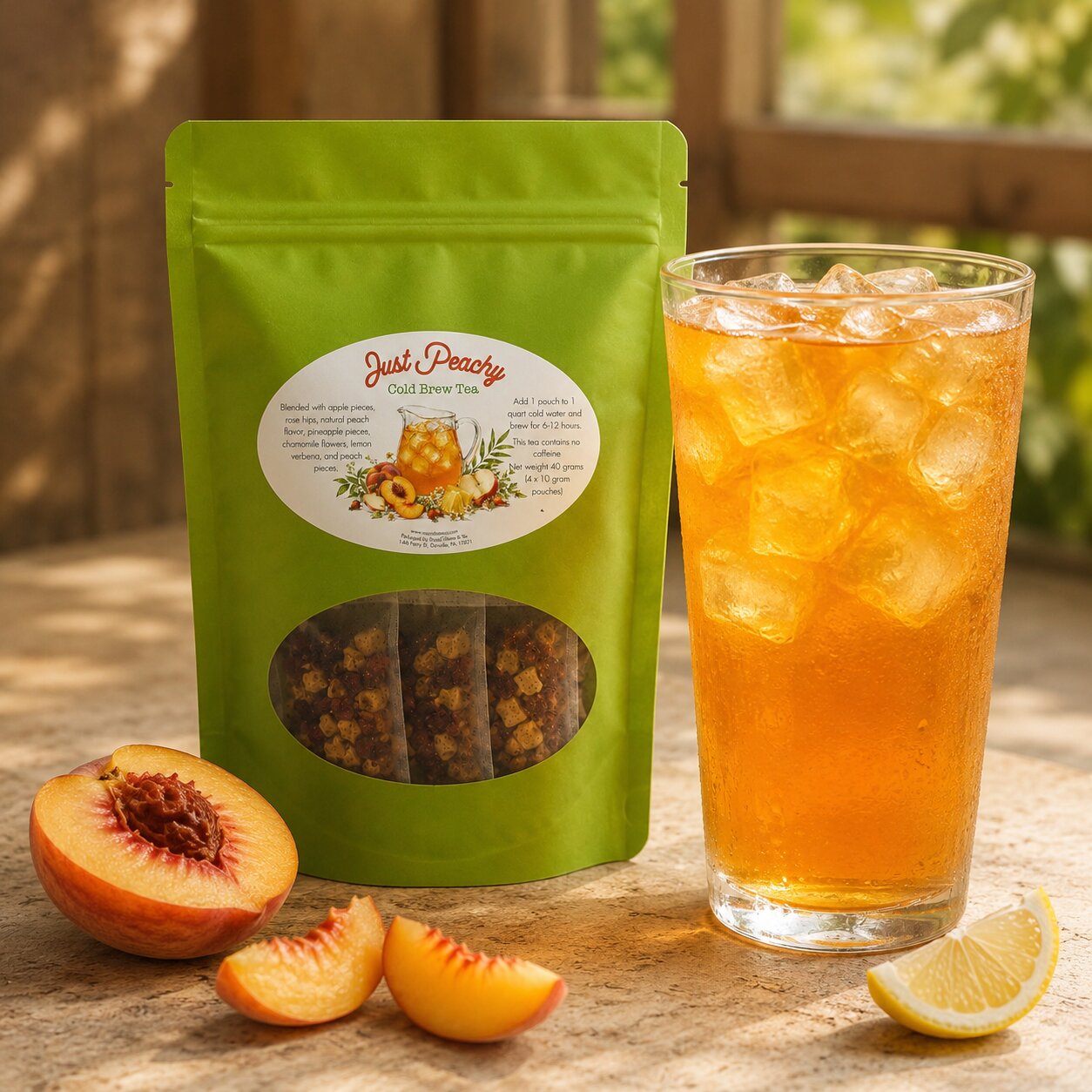 Just Peachy –  Cold Brew Tea Pods with iced tea and fresh peaches, perfect summer refreshment.