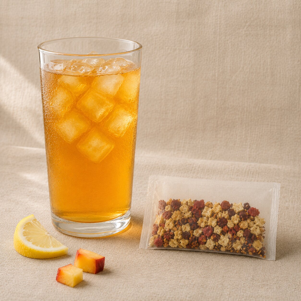 Just Peachy –  Cold Brew Tea Pods with iced tea and fresh fruit on a neutral background.