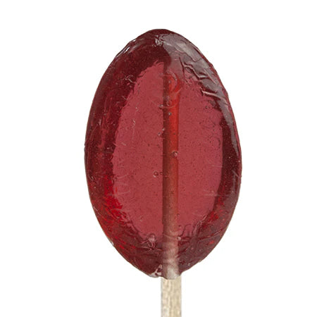 A close-up of a red oval lollipop on a white stick, set against a plain white background—ideal as unique wedding favors or paired with 🍯 Lavender Honey Spoons for sweet, floral tea and coffee.