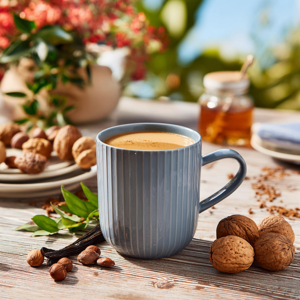 A blue mug of Lawn Chair Crunch – Flavored Coffee with Toasted Nuts & Vanilla sits on a wooden table with walnuts, hazelnuts, honey, and green leaves—a perfect limited edition treat in a cozy outdoor setting.