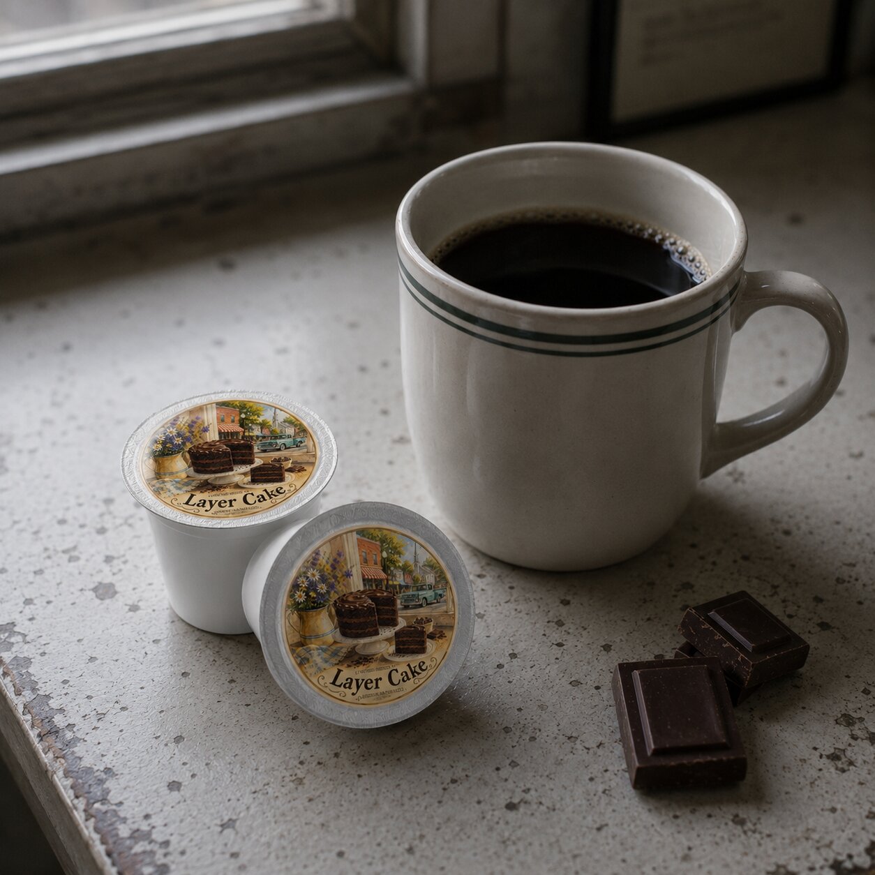 White mug with coffee and two Layer Cake coffee pods on a speckled countertop.