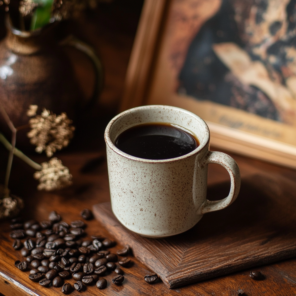 A speckled ceramic mug of ✊🏾 Lift & Listen – A Juneteenth Roast with Purpose rests on a wooden surface beside coffee beans, dried flowers, and a blurred photo in the background—a tribute to Black history celebration.