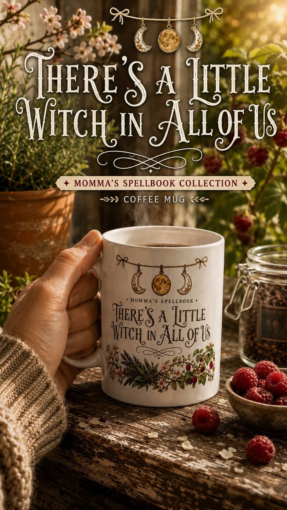 There's a Little Witch in All of Us Mug on a rustic table with flowers and raspberries.