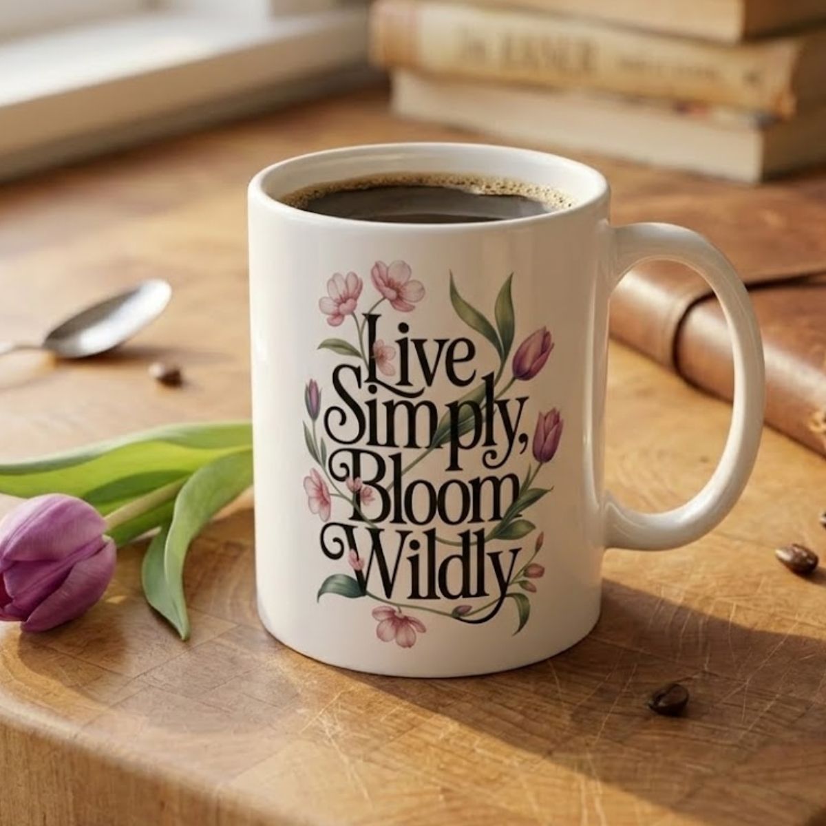 White mug with 'Live Simply, Bloom Wildly' text on a wooden table with flowers and books.