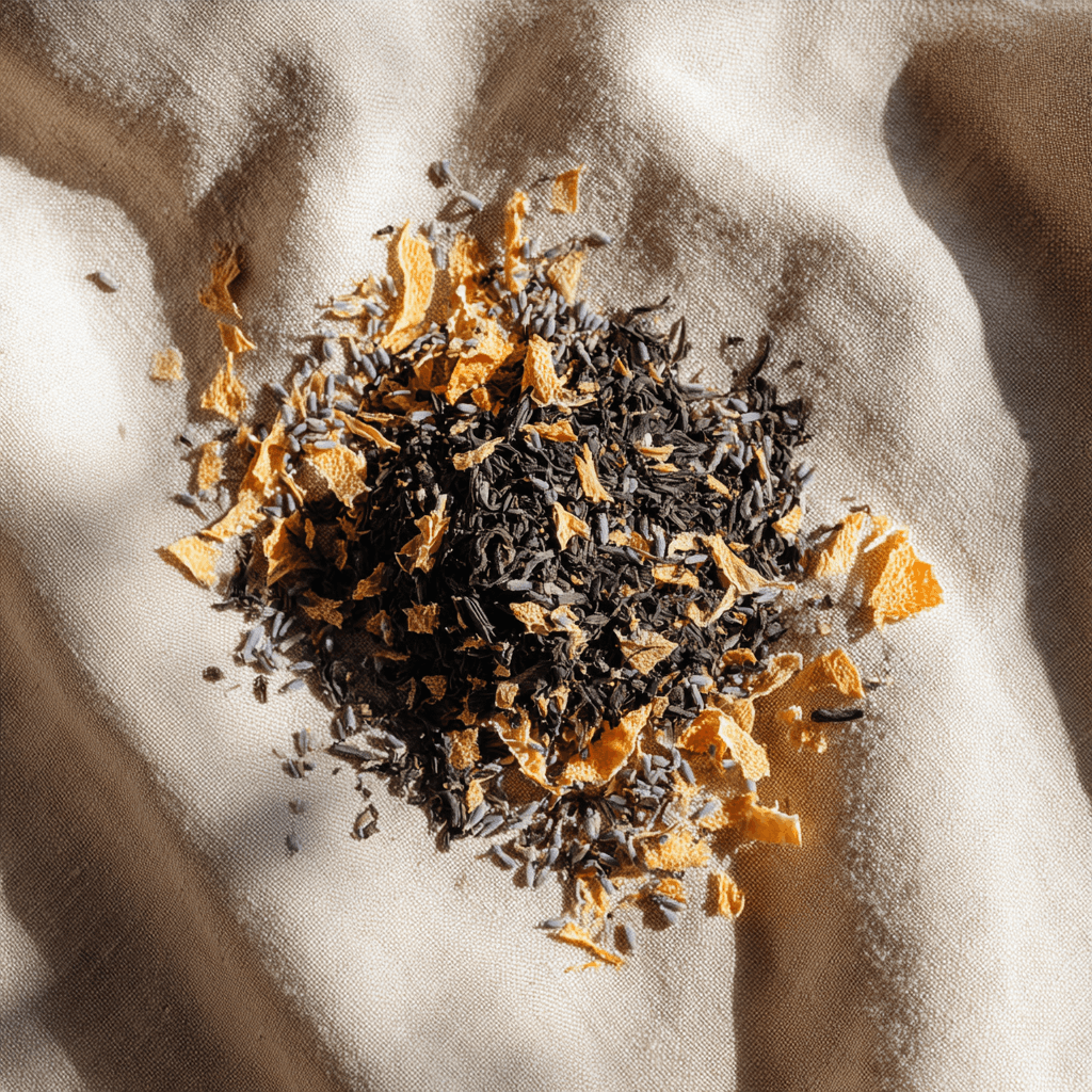 Black tea leaves and citrus with a touch of lavender arranged in warm daylight for a cozy tea ritual