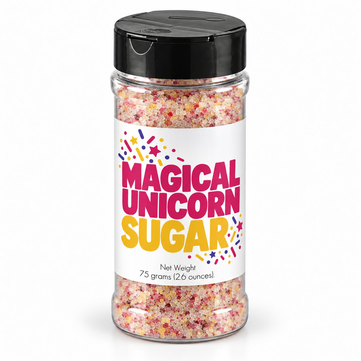 Magical Unicorn Sugar Sprinkle in a clear jar showcasing vibrant colored sugar for whimsical baking.