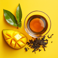 Thumbnail for Glass cup of black tea on a bright yellow background, surrounded by fresh mango slices, loose leaf black tea, and green tea leaves.