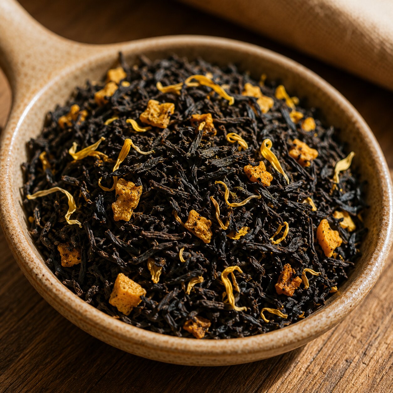 Dry black tea leaves with gold elements in a ceramic bowl on a wooden surface