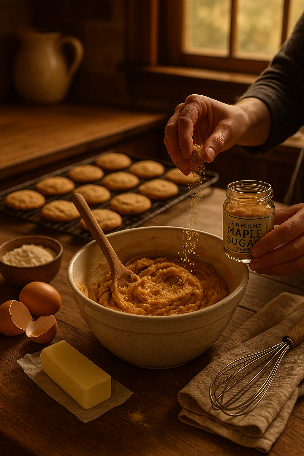 A hand sprinkles Vermont Maple Sugar into a bowl of cookie dough in a rustic kitchen. Surrounding the bowl are baking ingredients including eggs, butter, flour, a whisk, and a linen towel, with freshly baked cookies cooling on a rack in the background.