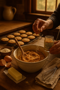Thumbnail for A hand sprinkles Vermont Maple Sugar into a bowl of cookie dough in a rustic kitchen. Surrounding the bowl are baking ingredients including eggs, butter, flour, a whisk, and a linen towel, with freshly baked cookies cooling on a rack in the background.