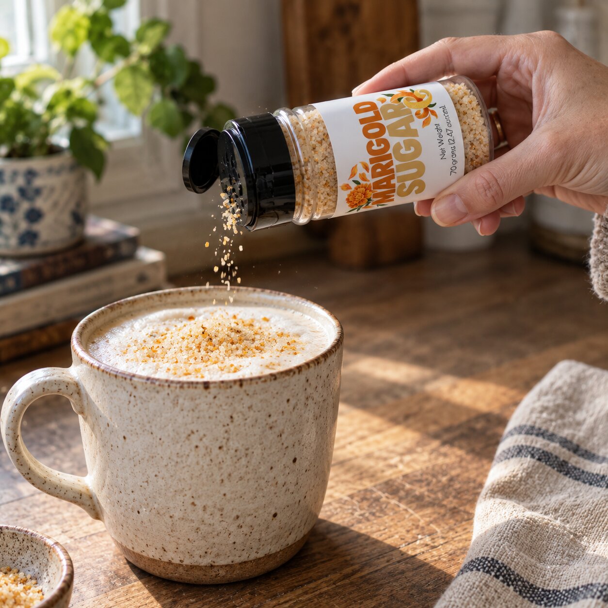 Marigold Sugar Sprinkle being added to a frothy beverage in a cozy setting.