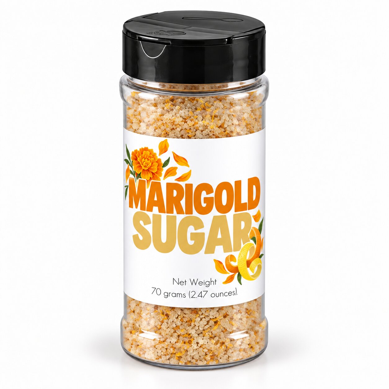 Marigold Sugar Sprinkle packaged in a clear jar with flowers and citrus designs, showcasing vibrant sugar mix.