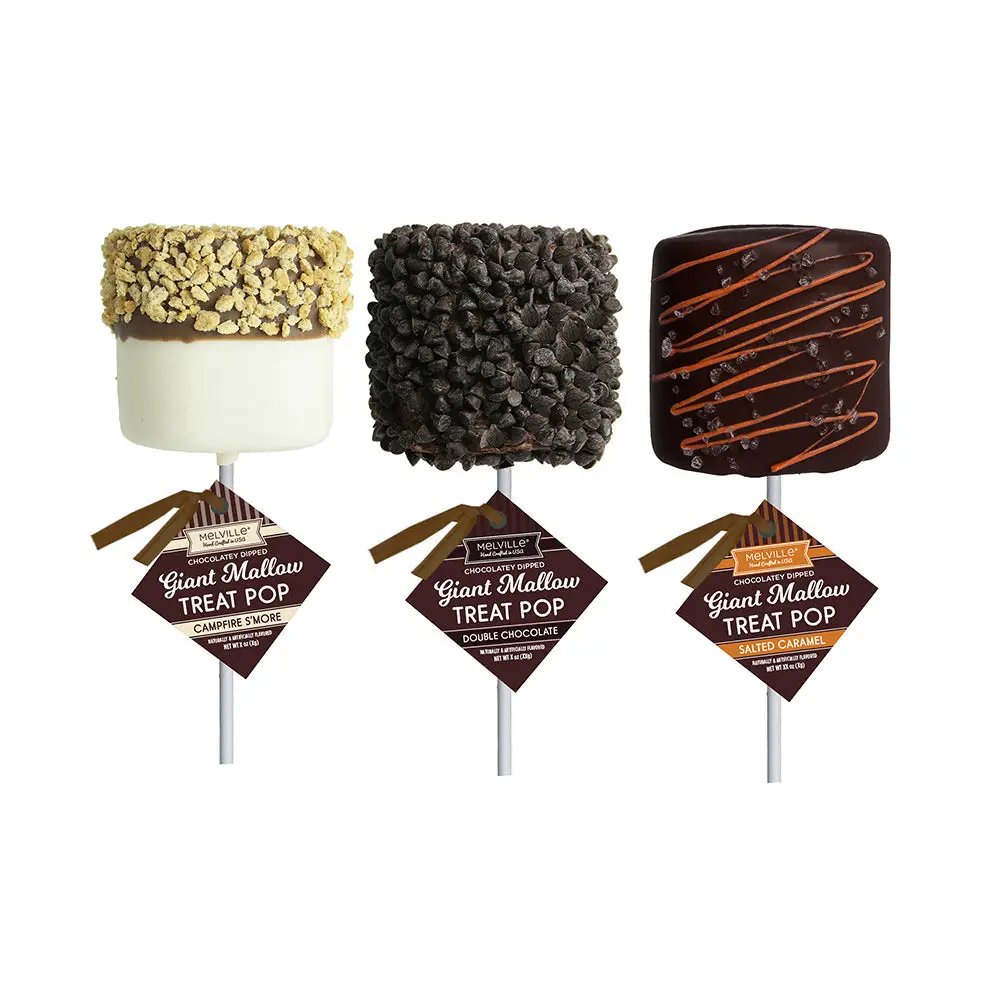 Enjoy Giant Mallow Treat Pops—chocolate-dipped marshmallow magic on a stick—in Campfire S'more with nuts, Double Chocolate with chocolate chips, and Salted Caramel drizzled over chocolate for delicious gourmet snacks.