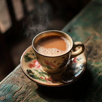 Thumbnail for Steaming cup of masala chai in a vintage floral teacup and saucer, placed on a rustic wooden table with a spoon resting on the saucer.