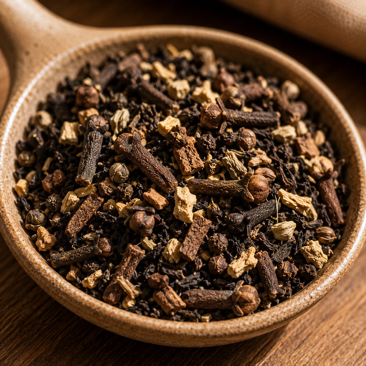 Close-up of a ceramic spoon filled with masala chai and spices on a wooden surface.