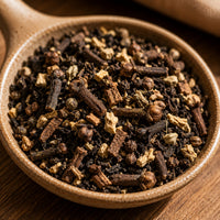 Thumbnail for Close-up of a ceramic spoon filled with masala chai and spices on a wooden surface.