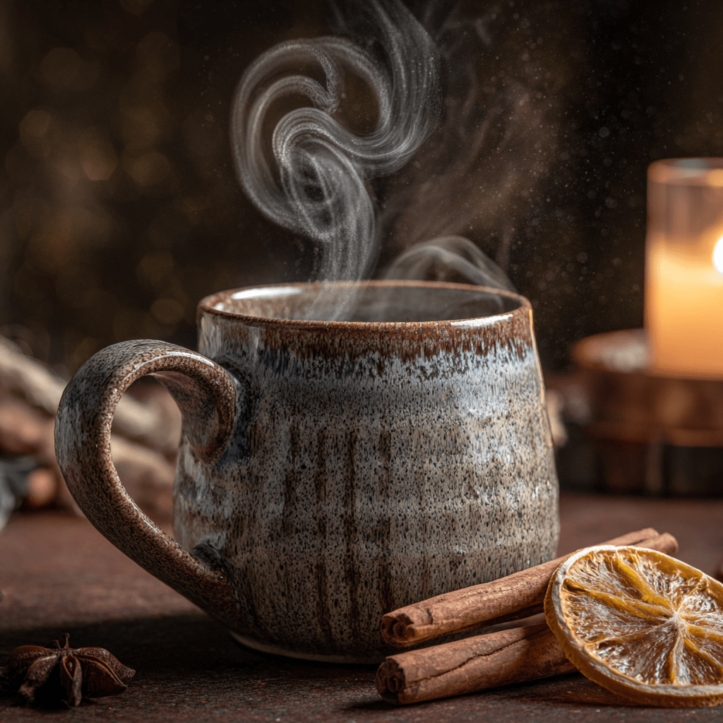 A rustic ceramic mug filled with Midnight Magic Black Tea – Spiced Orange & Cinnamon Loose Leaf sits beside two cinnamon sticks and a dried orange slice, with a softly glowing candle in the blurred background.