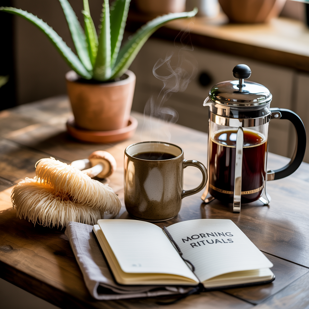 A cozy morning scene with a steaming mug of black coffee on a rustic wooden table, next to a French press, several fluffy Lion’s Mane mushrooms, and an open notebook with a pen, all bathed in soft natural light with a blurred green plant in the background.
