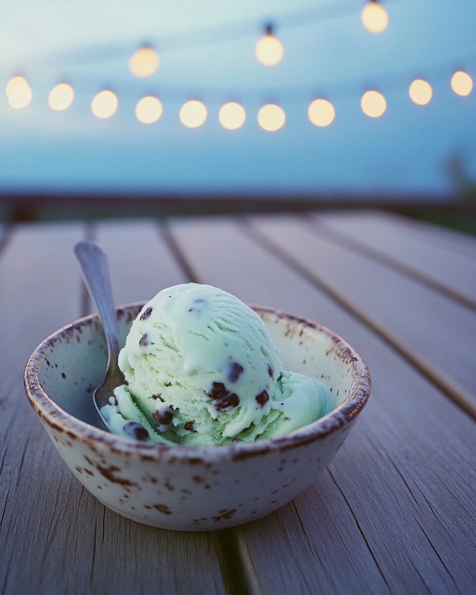 Bowl of green ice cream with chocolate chips on a wooden surface with blurred lights in the background