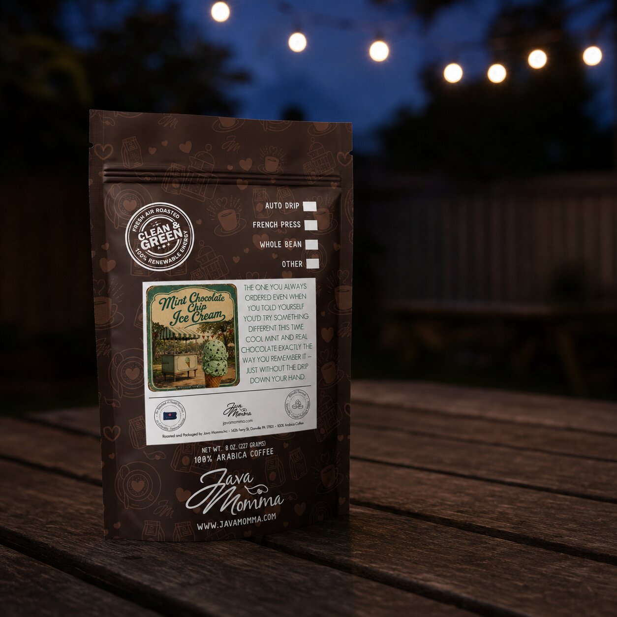 Java Momma mint chocolate chip coffee package on a kitchen counter with a window in the background