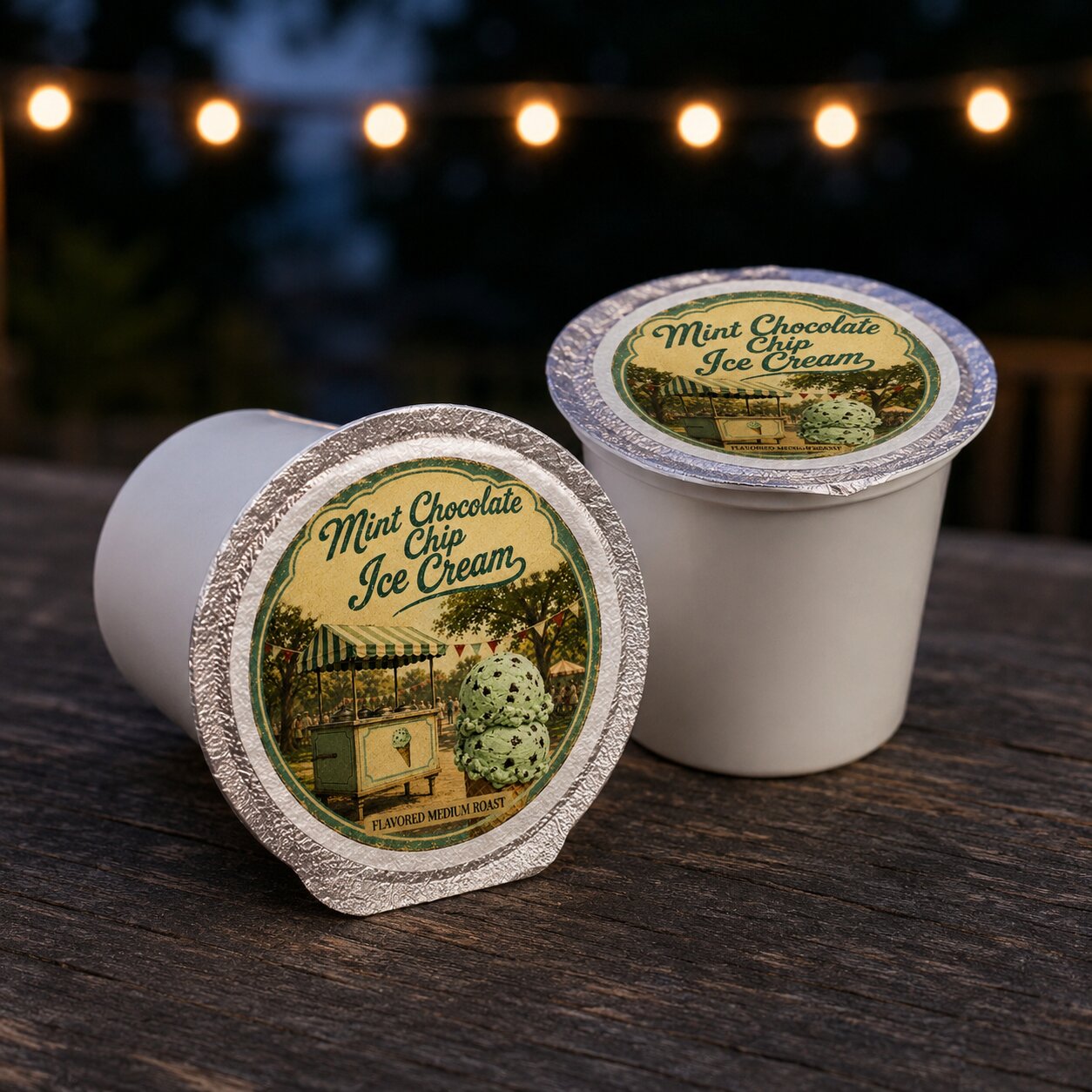 Two mint chocolate chip ice cream containers on a wooden surface with string lights in the background.