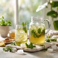 Thumbnail for Two glass jars of Mint Condition Refreshing Peppermint Cold Brew Tea with fresh mint leaves and ice sit on a marble surface. Lemon, honey, and mint are nearby, sunlight streams in, and green plants fill the background.