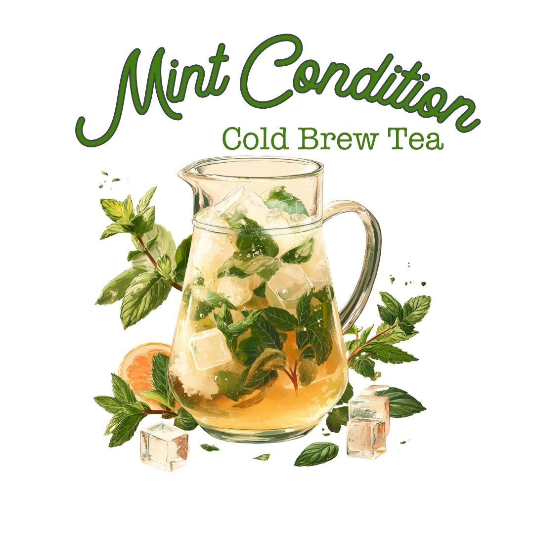 A glass pitcher of iced Mint Condition Refreshing Peppermint Cold Brew Tea, topped with fresh mint and ice, sits next to citrus slices. Text above: A refreshing, caffeine-free treat.