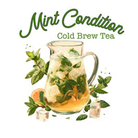 Thumbnail for A glass pitcher of iced Mint Condition Refreshing Peppermint Cold Brew Tea, topped with fresh mint and ice, sits next to citrus slices. Text above: A refreshing, caffeine-free treat.
