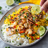 Thumbnail for Close-up of a colorful rice bowl with grilled shrimp, chicken, and yellow and white rice, garnished with chopped herbs and lime wedges. A hand is squeezing fresh lime juice over the dish.