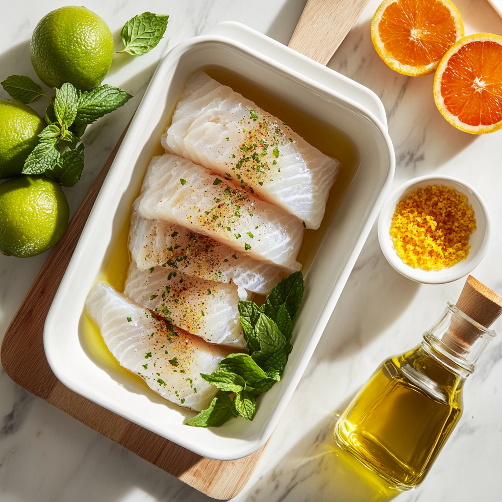 Four raw white fish fillets marinating in olive oil and herbs inside a white ceramic dish, surrounded by fresh limes, mint leaves, orange halves, a small bowl of citrus seasoning, and a bottle of olive oil on a marble countertop.