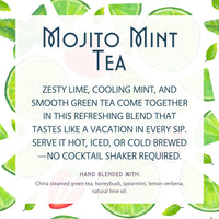 Thumbnail for Text describing Mojito Mint Tea 🌿🍋 – Citrus, Chill & Zero Regret Vibes is centered on a background of lime slices and mint leaves. This zesty green tea blends lime and mint, with ingredients listed at the bottom.