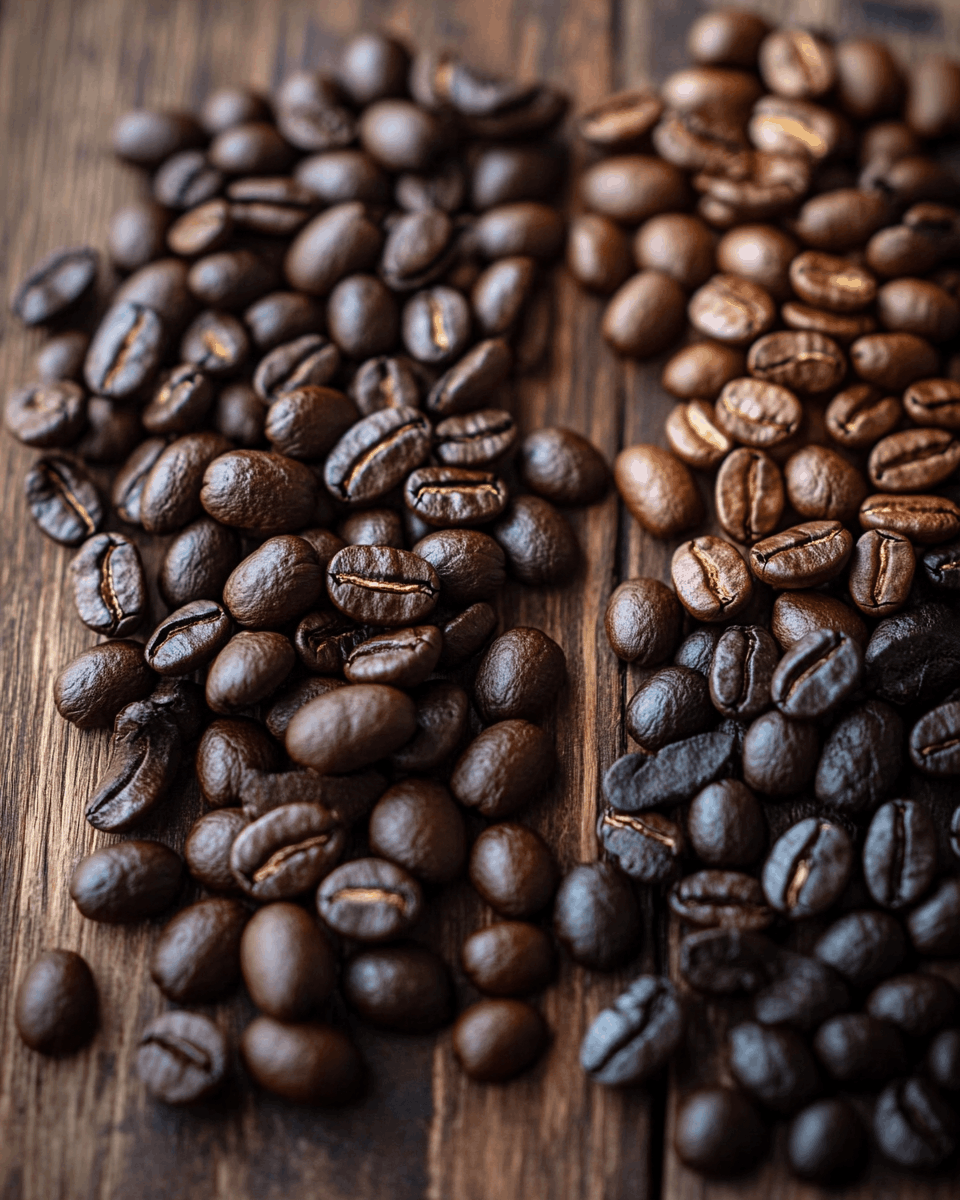 Close-up of dark and medium roast coffee beans in separate clusters on a dark wood surface showing roast level variation
