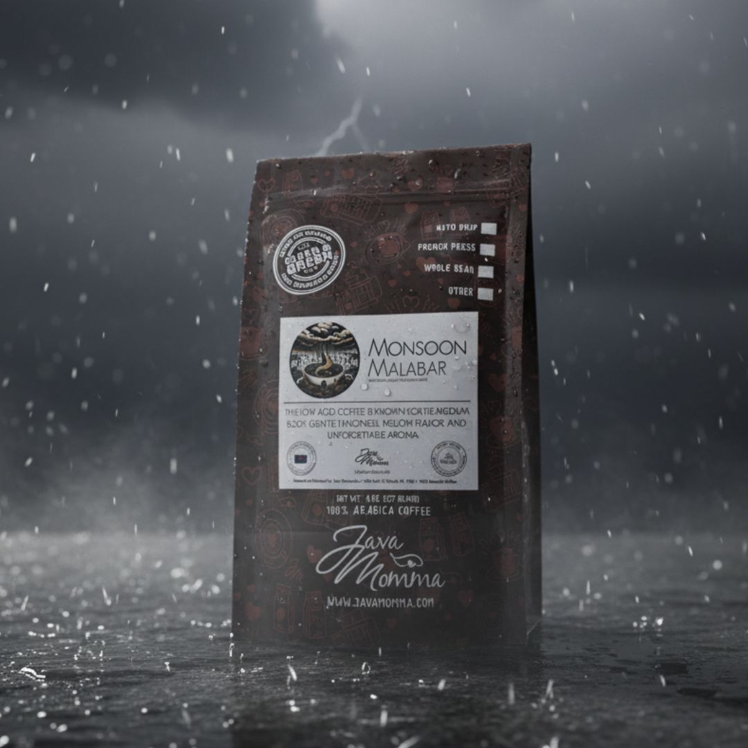 A bag of Indian Monsoon Malabar Coffee | Dark Roast, Low Acid, Single Origin sits in the rain, highlighting its distinct single origin and renowned low acidity.