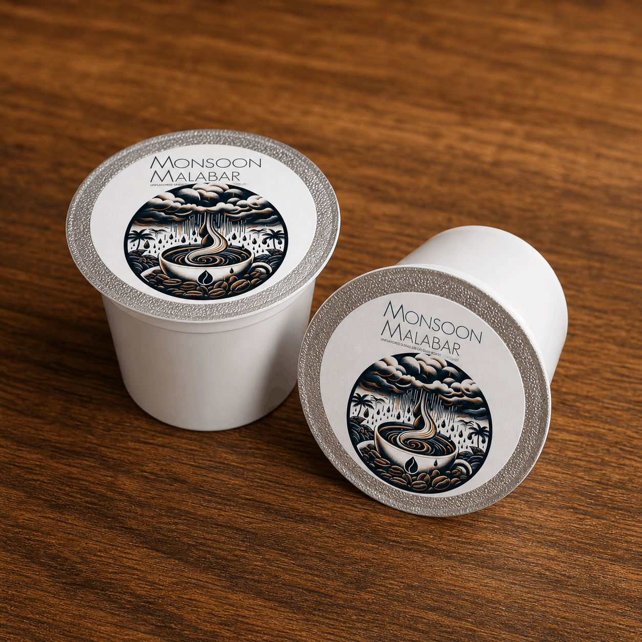 Monsoon Malabar coffee pods on wooden surface