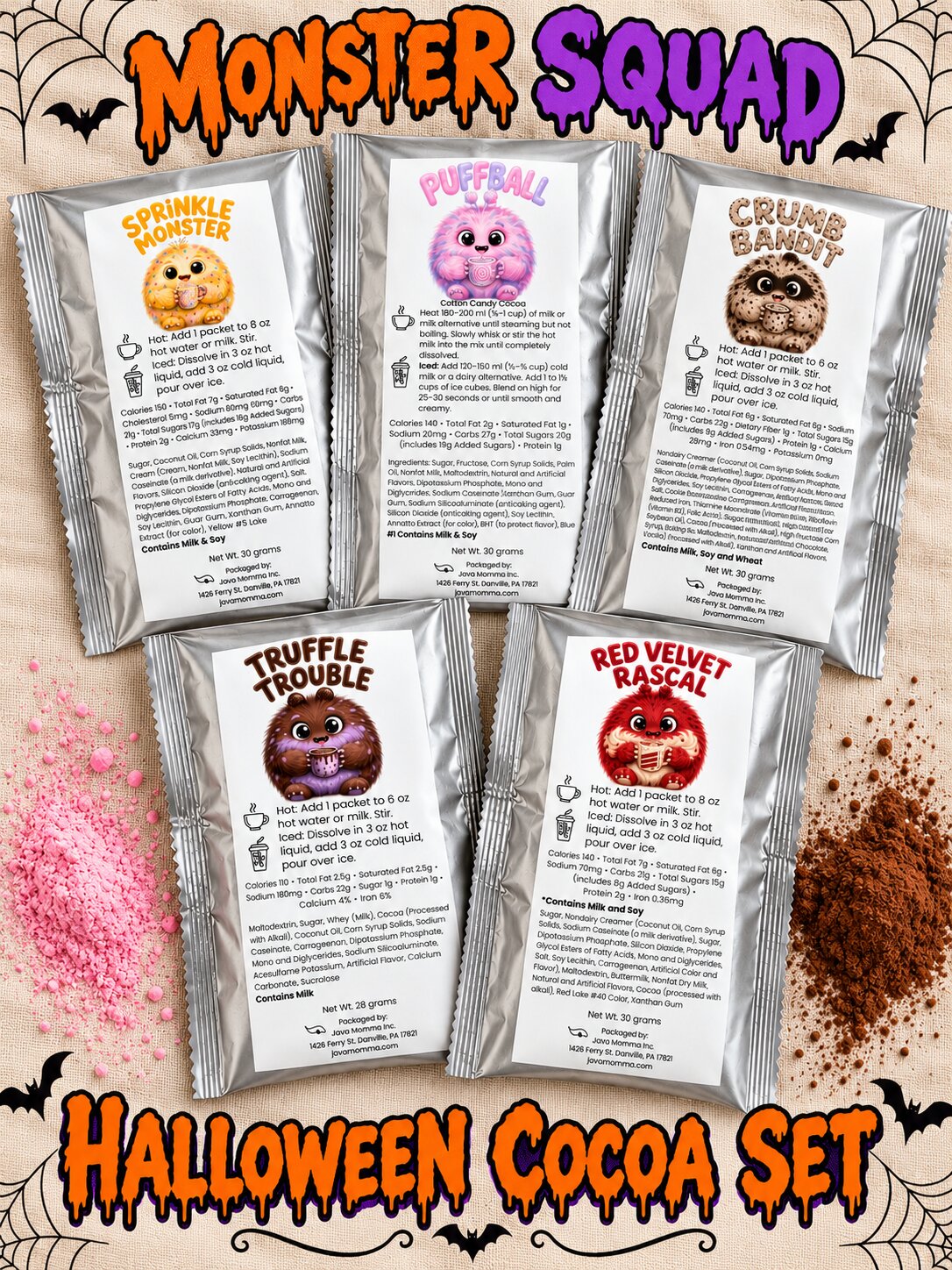 Limited Edition Monster Squad Cocoa Pack - 5 Flavors of Halloween Hot Chocolate
