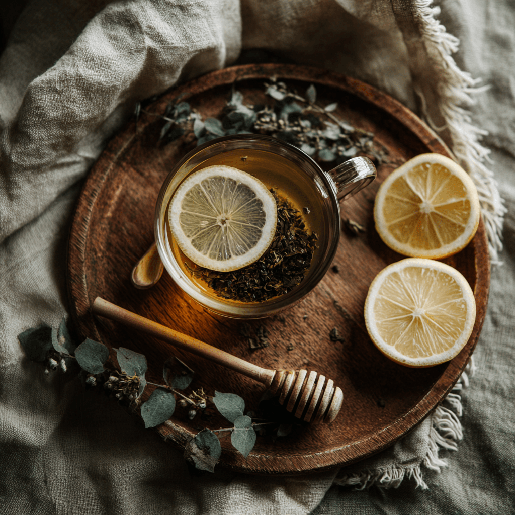 A glass cup of Moringa Leaf Tea🌿 – Pure, Tangy & Herbaceous Wellness Brew with lemon sits on a wooden tray, surrounded by loose tea leaves, eucalyptus sprigs, honey dipper, and lemon halves—a soothing antioxidant-rich drink.