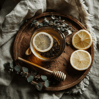 Thumbnail for A glass cup of Moringa Leaf Tea🌿 – Pure, Tangy & Herbaceous Wellness Brew with lemon sits on a wooden tray, surrounded by loose tea leaves, eucalyptus sprigs, honey dipper, and lemon halves—a soothing antioxidant-rich drink.
