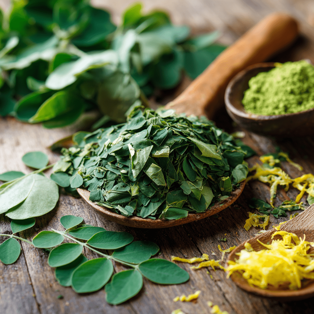 A wooden spoon with dried moringa leaves sits on a rustic table, next to fresh leaves, antioxidant-rich powder, and lemon zest—ideal for brewing Moringa Leaf Tea🌿 – Pure, Tangy & Herbaceous Wellness Brew.