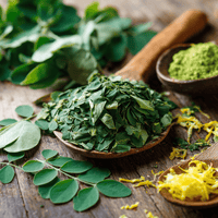 Thumbnail for A wooden spoon with dried moringa leaves sits on a rustic table, next to fresh leaves, antioxidant-rich powder, and lemon zest—ideal for brewing Moringa Leaf Tea🌿 – Pure, Tangy & Herbaceous Wellness Brew.