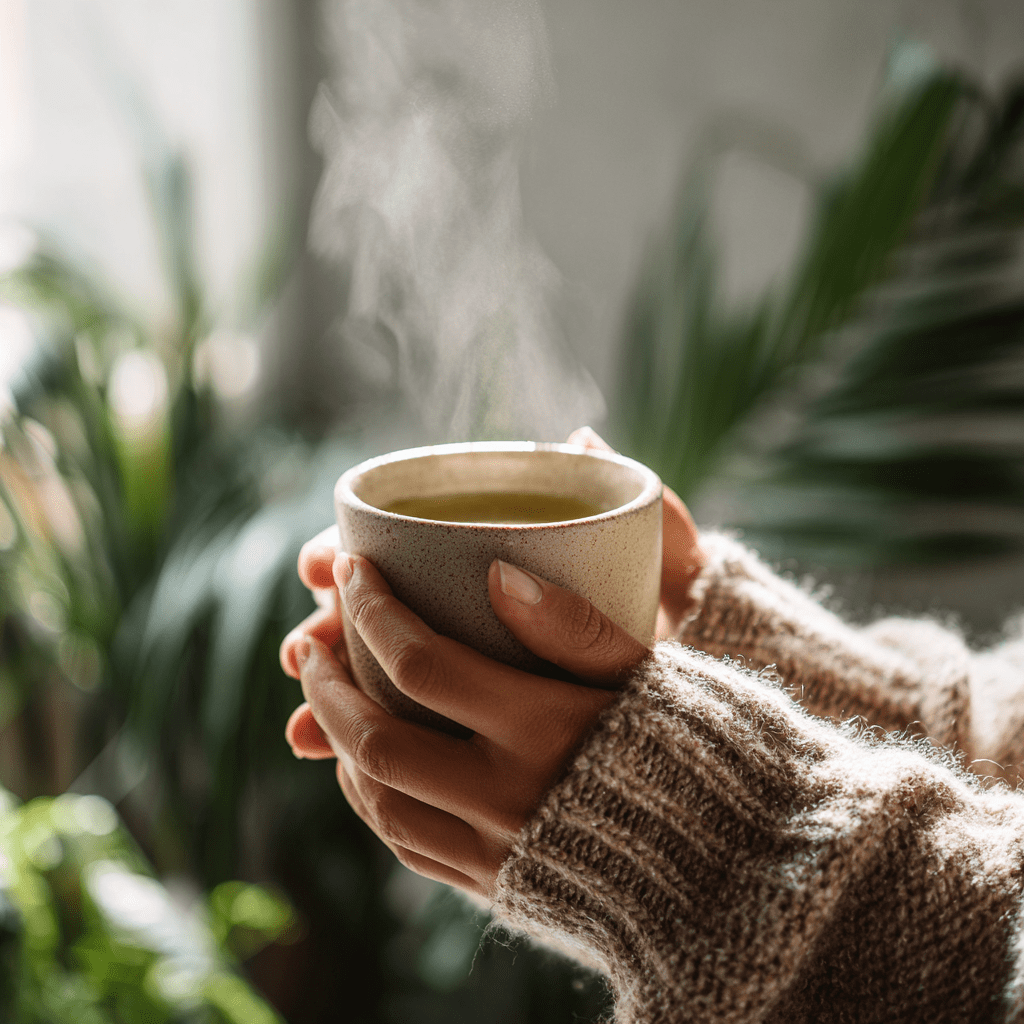 A person in a cozy knitted sweater holds a steaming mug of Moringa Leaf Tea🌿—a pure, tangy, and herbaceous wellness brew—surrounded by lush indoor plants and soft natural light.