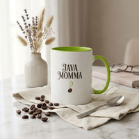 Thumbnail for Mug with 'JAVA MOMMA' text on a marble surface with coffee beans and a spoon.