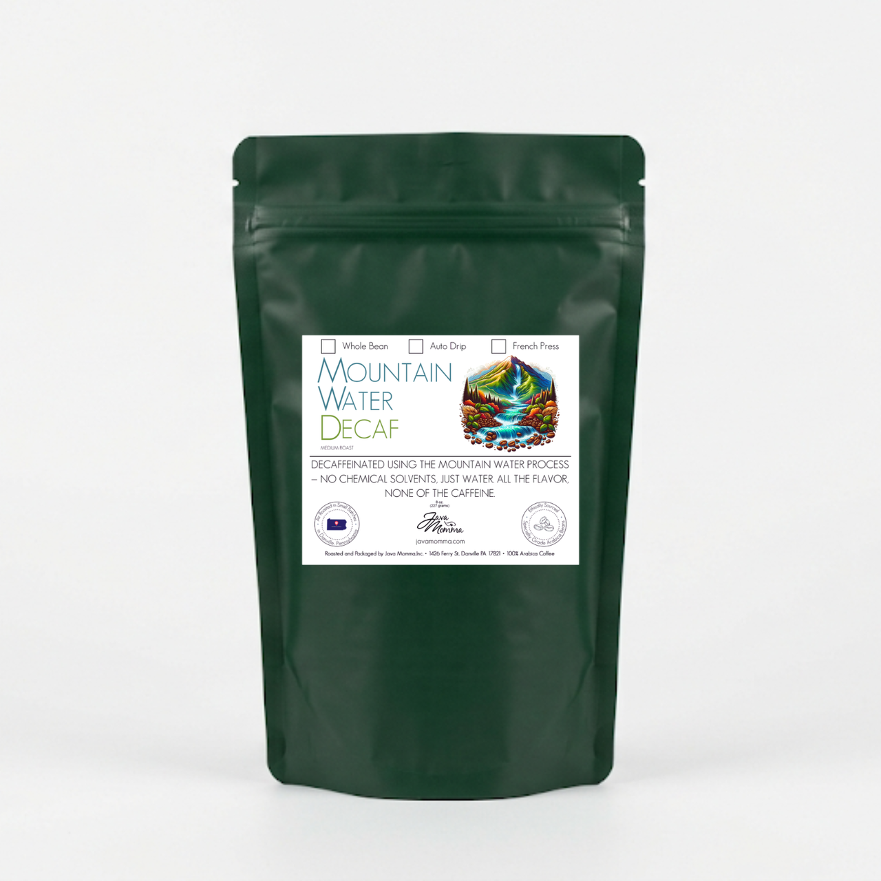 Green decaf java momma coffee package with a label on a white background