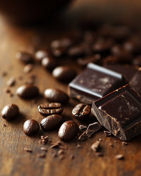 Thumbnail for Chocolate pieces and coffee beans on a wooden surface