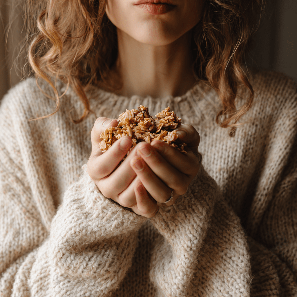 A person in a cozy beige sweater gently cradles My Sister’s Granola – Nutty, Sweet, and Totally Addictive – in their hands, with curly hair framing their partially visible face as the focus stays on the granola.