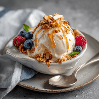 Thumbnail for A bowl of vanilla ice cream topped with My Sister’s Granola – Nutty, Sweet, and Totally Addictive, honey, blueberries, raspberries, and mint is served on a ceramic plate with a spoon; a folded napkin sits beside the bowl.