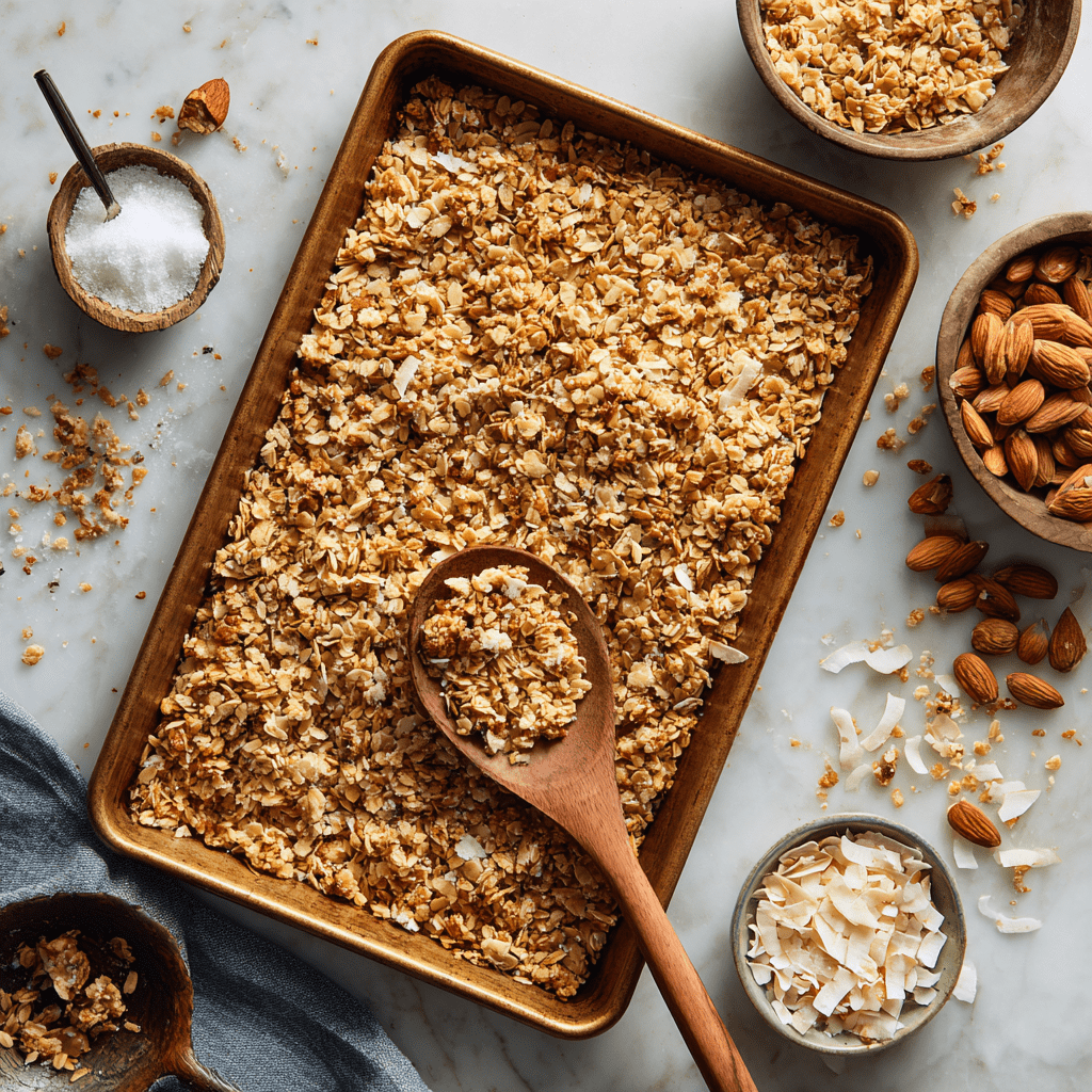 A baking tray filled with My Sister’s Granola – Nutty, Sweet, and Totally Addictive, surrounded by small bowls of almonds, coconut flakes, and salt, with a wooden spoon resting on the granola.