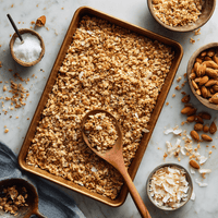 Thumbnail for A baking tray filled with My Sister’s Granola – Nutty, Sweet, and Totally Addictive, surrounded by small bowls of almonds, coconut flakes, and salt, with a wooden spoon resting on the granola.